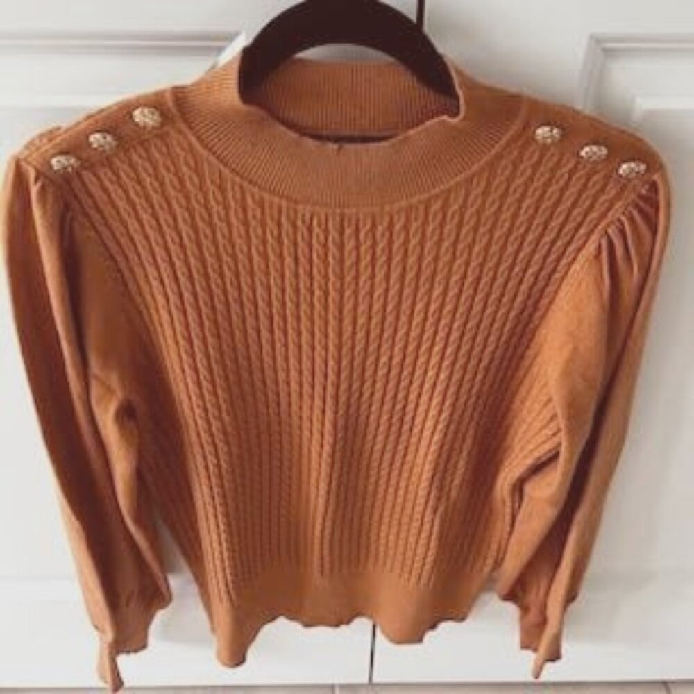 Adrianna Papell Cable Knit Puff Sleeve Button Shoulder Size Medium Classic
